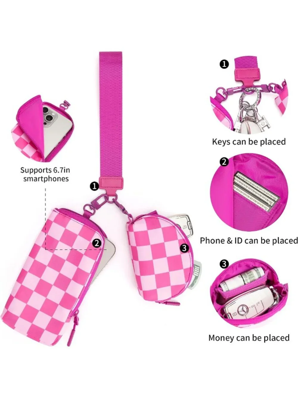 Stylish Checkered Dual Pouch Wristlet Wallet for Women - Fits Phone & Coin Purse